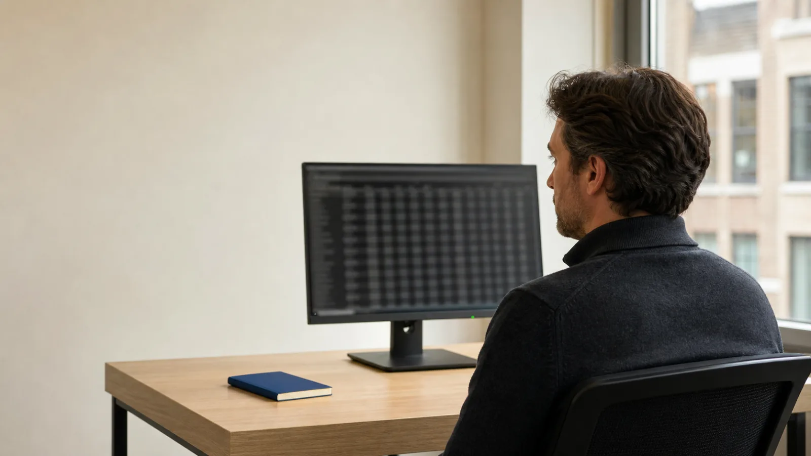 Finance professional reviewing structured accounting data at a workstation